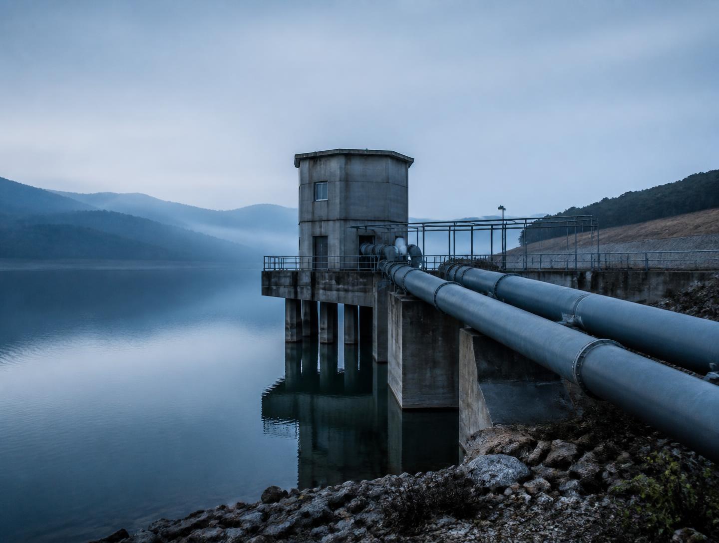 Concrete water intake tower and steel supply pipelines beside a still reservoir